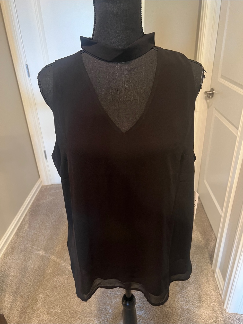 Chiffon V-Neck Sleeveless Blouse with Mock Neck - Black